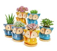 Dicunoy 6 Pack Ceramic Succulent Plant Pots, 3.5" Small Fox Planters | Cute Anmial Plant Pots with Drainage Hole and Bamboo Tray, Cactus Planter for Indoor Plants, Home, Office, Window Decoration