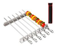 Dicunoy 9 Pcs Kebab Skewers Metal, Barbecue Skewer with Rack, 17" Stainless Steel Skewer Sticks for Grilling, Reusable Long Flat Shish BBQ Sticks with Rack Stand for Meat, Shrimp, Chicken, Vegetable
