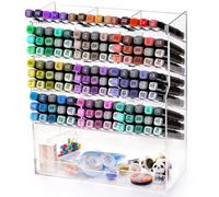 Dicunoy Desktop Pens Organizer, Acrylic Clear Desk Organizer with 13 Compartments, Vertical 5 Tier Art Supply Organizer Angled Pen Holders for School, Office, Classroom, Stationery