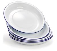 Dicunoy Pack of 5 Enamel Plates, 9.5" Unbreakable Camping Plates, Enamelware Dinner Serving Platter Trays, Retro White Round Shallow Bowls with Blue Rim for Pasta, Salad, Pie, Outdoor, Picnic, BBQ