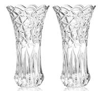 Dicunoy Set of 2 Large Glass Flower Vases, 9.5" Clear Crystal Rose Vase for Centerpieces, Modern Heavy Duty Tall Cylinder Flared With Heavy Base for Home, Living Room, Office