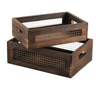 Dicunoy Set of 2 Rustic Wooden Storage Crates, Nesting Organizer Boxes, Small Decorative Wood Wire Containers with Handle for Countertop, Fruit, Veggies, Kitchen, Bathroom, Pantry Storage