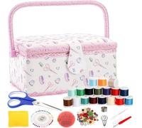 Dicunoy Sewing Box Organiser with Accessories, Large Wooden Sewing Kit Storage and Organizer Basket, Vintage Sewing Baskets with Removable Tray for Adults, Sewing Mending, Beginner, Floral Print, Pink