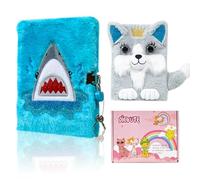 DICVUTE 2PCS Diary with Lock, Gift for 6 7 8 Years Old Girls, Fuzzy Notebook Cute Dog Shark Diary Secret Writing Plush Journal Christmas Day Birthday Gift for Kids (Dog and Shark)