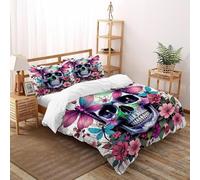 DICVXST 3D Printed Floral Skull Bedding Bed Set Girls Boys 3 Pcs Microfiber with Pillowcases With Zipper Closure Double(200x200cm)