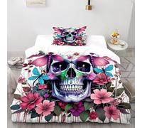 DICVXST 3D Printed Floral Skull Quilt Cover Single Girls Boys 2 Piece Microfiber with Pillowcases Zipper Closure Single(135x200cm)
