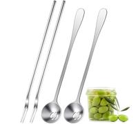 Didaey 4 Pcs 8.7 Inch Pickle Fork and Olive Spoon Strainer Set Stainless Steel Long Handle Pick Jar Serving Spoon with Drain Hole Spoon Prong for Onion Cucumber Arugula (Classic Style)