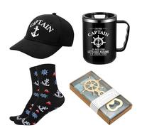 Didaey 4 Pcs Boating Gifts for Men Boat Captain Cap Captain's Hat Stainless Steel I'm Captain Tumbler Cups Rudder Nautical Beer Opener and Boats Socks Summer Father's Day Gifts for Boaters(Black)