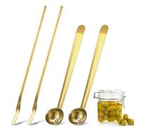 Didaey 4 Pcs Pickle Fork and Olive Spoon Strainer Set Stainless Steel Long Handle Pick Jar Serving Spoon with Drain Hole Prong for Onion Cucumber Arugula(Stylish Style)