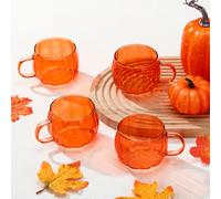 Didaey 4 Pcs Thanksgiving Pumpkin Glass Mugs Fall Orange Glass Pumpkin Cups with Handle Heat Resistant Coffee Tea Milk Clear Drinking Cups for Gift Home Office