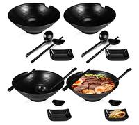 Didaey Set of 4 Japanese Ramen Bowl Set 37 oz Black Melamine Large Ramen Noodle Bowl Asian Chinese Korean Miso Soup Bowl with Spoons Chopsticks Saucers and Chopsticks Holders for Pho Udon Thai Soba