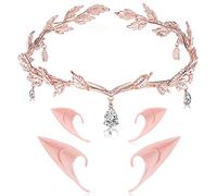 Didder 2 Pairs Elf Ears & Rhinestone Leaf Tiara Set, Fairy Ears Crown Headband Wedding Tiaras for Women Elf Ears Cosplay Accessories Fairy Costume for Women Halloween Elven Vampire, 3 Piece Set, Alloy