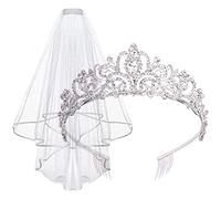 Didder Tiara and Lace Bridal Veil, Crown Wedding Veils and Headpieces for Women, White Veils for Brides Tiaras for Women Bachelorette Veil Ribbon Edge With Comb for Wedding Party, Silver, 2 Piece Set