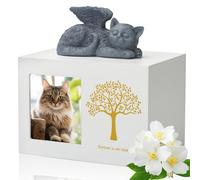 DiDiBirDi Animal Urns for Cat, Pet Cremation Box, Cat Urn for Ashes, White Wooden Cat Urns for Ashes, Comes with a Cat Statue Made of Resin and a Velvet Bag for Storage