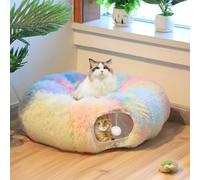 DiDiBirDi Cat Tunnel Bed for Indoor Winter, Warm Fluffy Plush Multicolored Donut Game with Central Mat, 2-in-1 Design Pet Playground Toys Hide Place for Indoor Kitten Puppy Rabbit Ferret