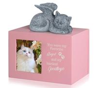 DiDiBirDi Cat Urns for Ashes, Pink Wooden Keepsake with Photo Frame, Pet Memory Box with Resin Cats Angel Statue and Sealed Storage Bags (Up to 75lbs)