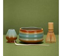 DiDiBirDi Ceramic Matcha Tea Set 4 Pcs, Japanese Matcha Bowl, Matcha Whisk (Chasen), Scoop (Chashaku),Whisk Holder (Blue Brown)