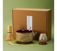 DiDiBirDi Matcha Tea Set 4 Pcs, Japanese Traditional Ceramic Bowl, Matcha Whisk (Chasen), Scoop (Chashaku), Whisk Holder (Brown)