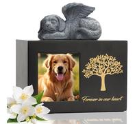 DiDiBirDi Pet Urn for Dog Ashes, Tree Pattern Wooden Black Keepsake with Photo Frame, Memory Box with Resin Dog Statue and Sealed Storage Bags (25kg)