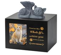 DiDiBirDi Pet Urns for Cat,Pet Memory Box,Black Wooden Cat Urns for Ashes, Comes with a resin cat statue statue and a velvet bag to store the ashes