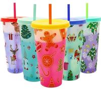 dididudi 5PCS Christmas Color Changing Cups, 710ML Christmas Iced Plastic Drink Cup with Lid and Straw, Plastic Cup Santa Claus Snowman Reusable Cups for Xmas Winter Party Kids Adults Favors