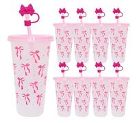 dididudi 8Pcs 24oz Bow Plastic Cups with Lids,Straws&Straw Caps, 710ML PP Reusable Tumblers for Cold Drinks,Reusable Tumbler Cup Bow Tie Cold Cups for Wedding Baby Shower Birthday Party Decor (Pink)