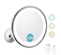 dididudi LED Lighted 10X Magnifying Makeup Mirror with Suction Cup,3 Color Modes with Adjustable Brightness,360° Rotatable Vanity Mirror,Cosmetic Home and Travel Bathroom Mirror for Shaving Skincare