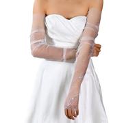 DIDILLX 1pair Long Lace Fingerless Gloves Rhinestones Transparent Sleeves Bridal Sleeve For Bridal Party Evening Event Stretchable Net Gloves For Wedding Dresses