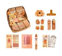 DIDILLX 9Pcs Cartoon Student Stationeries with Large Pencil Case Highlighter Marker Ruler Eraser Gel Pen Paper Clip Sticker School Supplies Set with Accessories