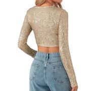 DIDILLX Sparkling Sequins Glittering Round Neck Long Sleeve Crop Top for Women Raves Party Club Blouse Bodycon Going Out T-Shirt Apricot