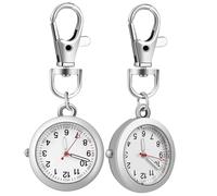 Didiseaon 2 Pcs Silver Clip-on Hanging Pocket Watches for Nurses with Luminous Hands, Round Keychain Pendant Watches Suitable for Healthcare Professionals