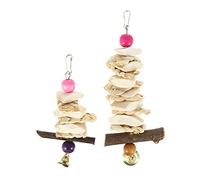 Didiseaon 2pcs Cuttlebone Chew Toy for Parrots and Pet Birds with Molar String and Easy to Install Hook, Natural Grass and Wood Material Bird Cage Hanging Toy for Beak Grinding Random Color