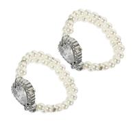 Didiseaon 2Pcs Elegant Heart Shaped Crystal Pearl Watch Bracelet Stylish Quartz Wrist Watch for Women Double Row Faux Pearl Elastic Design for Parties and Special Occasions