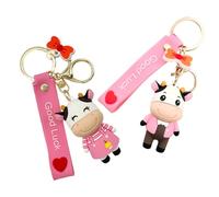 Didiseaon 2Pcs Epoxy Ox Keychain Pendant Set, 3D PVC Alloy Key Rings for Bag Accessories, Cute Pink Brown Couple Doll Key Chains for Women