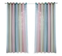 Didiseaon 2pcs Pink Double-layer Curtains with Star Hollow Design, Full Blackout Polyester and Tulle Panels, Easy to Use Sunshade Window Drapes for Living Room and Bedroom