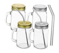 Didiseaon 4 Pcs Transparent Glass Mugs with Comfortable Handles Spill Lids and Stainless Steel Straws Square Drinking Jars for Water Juice Milk Coffee Hot and Cold Beverages