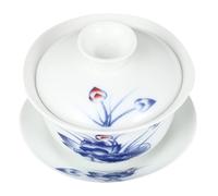 Didiseaon Ceramic Tureen Tea Cup with Lid Vintage Blue Teaware Bowl Comfortable to Hold Heat-Resistant for Traditional Chinese Tea Making at Home and Travel