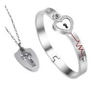 Didiseaon Couple Bracelet Set with Key-Shaped Necklace, Stainless Steel Love Lock Bangle, Concentric Heart Projection Jewelry for Valentine’S Day