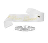 Didiseaon Crown and Prom Queen Sash Set Sparkling Rhinestone Headdress with Satin Prom Sash for Graduation Party Decorations School Accessories Unforgettable Festival Memories