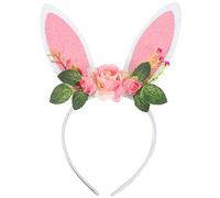 Didiseaon Easter Bunny Ears Headband Spring Flower Crown Rabbit Ear Woodland Floral Headpiece for Women Girls Birthday Party Pink