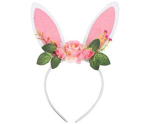 Didiseaon Easter Bunny Ears Headband Spring Flower Crown Rabbit Ear Woodland Floral Headpiece for Women Girls Birthday Party Pink