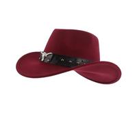 Didiseaon Unisex Cowboy Hat Dark Red Felt Fedora with Rivet Buckle Belt Wide Rolled Up Brim Western Cowgirl Cap with Bull Head Accent for Men Women Stylish Summer Festival Accessory
