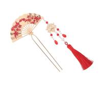 Didiseaon Vintage Chinese Enamel Fan Tassel Hairpin Metal Hair Chopsticks with Floral Design for Elegant Updo Styling Charming Flowing Tassels Traditional Costume Accessories for Wedding