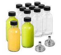 DIDITIME 12 Pack 2 oz Small Clear Glass Bottles with Lids & 4 Funnels - 60ml Boston Round Sample Bottles for Potion, Juice, Ginger Shots, Oils, Whiskey, Wellness Shots, Mini Travel Bottles