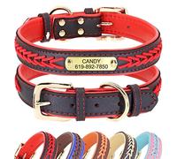 Didog Personalized Leather Dog Collars with Engraved Brass Nameplate - Braided Leather Soft Padded Custom Collar - Adjustable Pet Collars for Small Medium Large Dogs & Cats,Red,M(Neck 30-39cm)