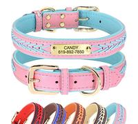 Didog Personalized Leather Dog Collars with Engraved Brass Nameplate - Braided Leather Soft Padded Custom Collar - Adjustable Pet Collars for Small Medium Large Dogs & Cats,Blue,M(Neck 30-39cm)