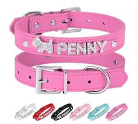 Didog Smooth PU Leather Custom Dog Collars with Rhinestone Personalized Name Letters, Fit Small Medium Dogs, Hot Pink, S