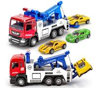 Diecast Tow Kids' Play Vehicles with 2Pcs Mini Toy Cars for Toddlers | Pull Back Vehicle, Lights & Sound, 2Pcs Mini Cars, Metal Tow Truck and Trailer, Carrier Trucks Toys
