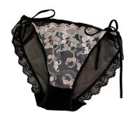 DIEKE Breathable Flower Lace Panties For Women Adjustable Side Ties And Artistic Embroidery Underwear Low Rise Thong Briefs Stretch Lace Women's Panties With Embroidery Black