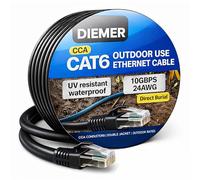 Diemer Outdoor Cat 6 Ethernet Cable 60m - Weatherproof Direct Burial Double Jacket Cable with LLDPE & PVC - 24AWG CCA UTP, 10Gbps High-Speed Gigabit Network Lead - Includes 60 Cable Ties - Black